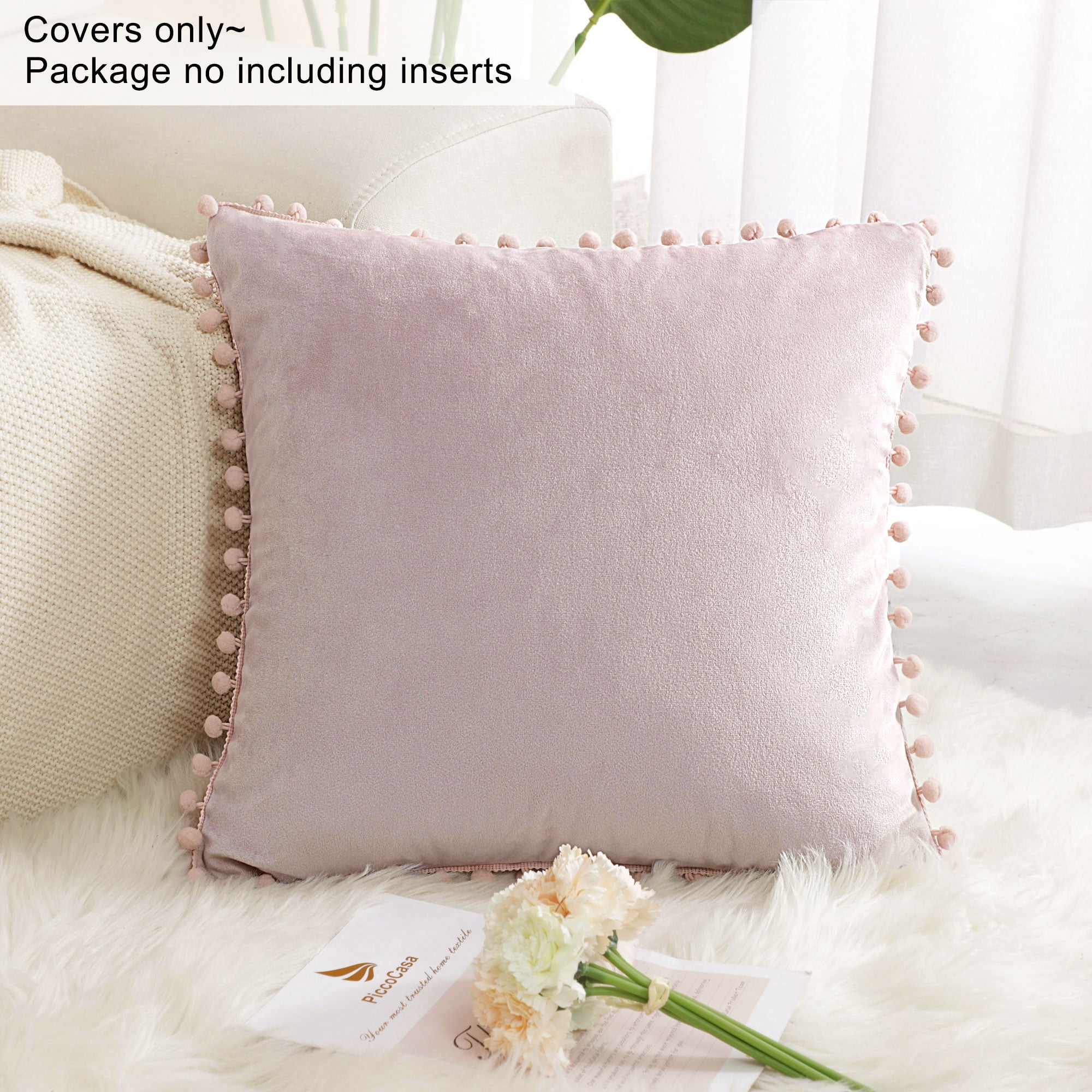 Unique Bargains Velvet Pillow Cover with Pompoms for Sofa 1PCS Pale Pink 16x16Inch