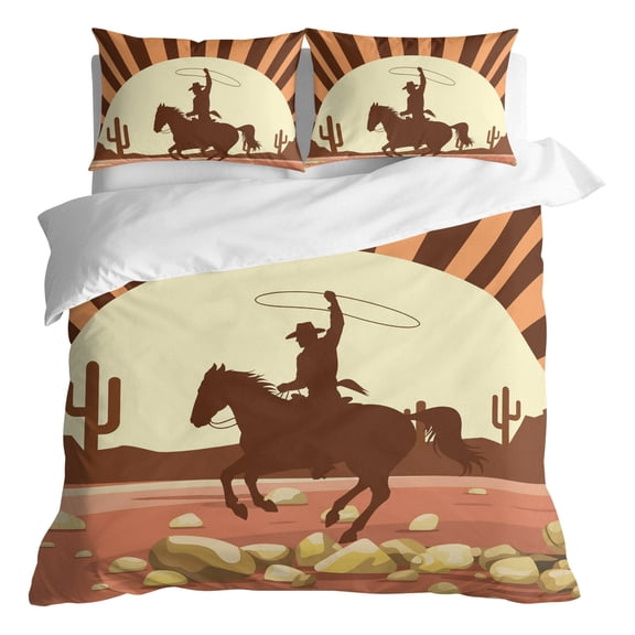 Duvet Cover Queen Size 3 Piece Bedding Set, Western Cowboy American Wild West Soft Breathable Comforter Cover with 2 Pillow Shams, Cowboys Riding Horse in Desert Duvet Covers with Zipper Closure