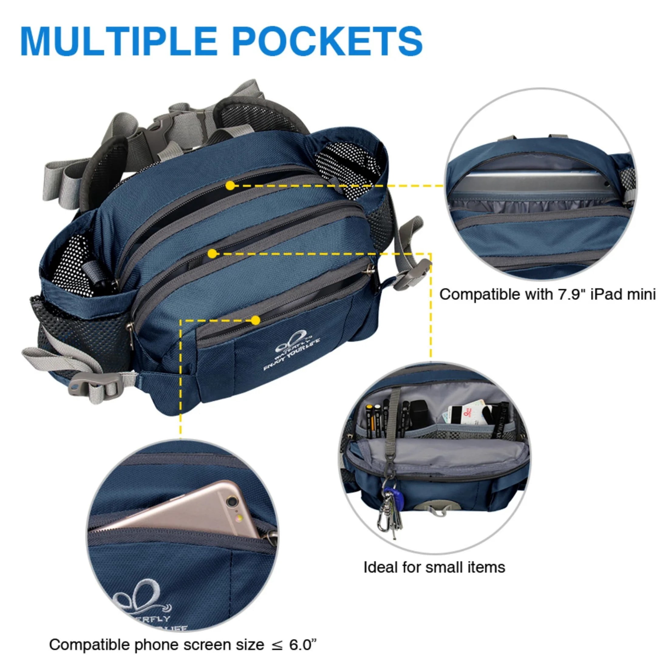 WATERFLY Unisex Large Capacity Hiking with Bottle Holder Fanny Pack Waist Bag,Dark Blue
