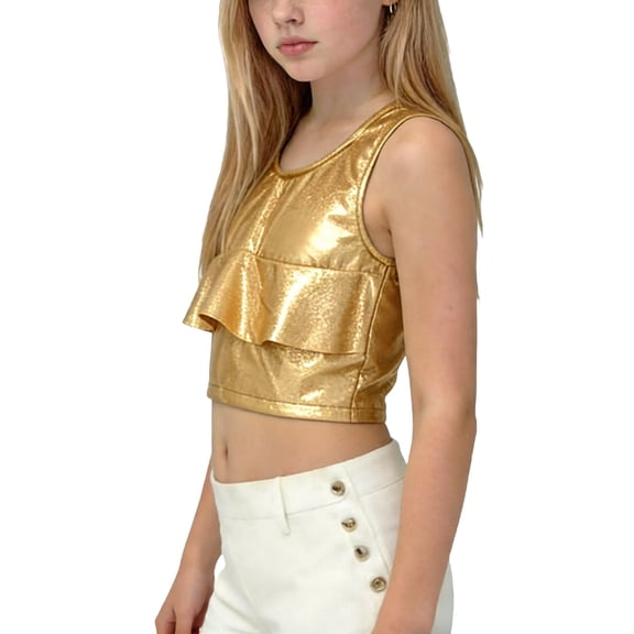 Girls Metallic Crop Top Gold Ruffle Sleeveless Shirt Sparkly Tween Party Outfit Summer Tops for Kids 6-12,Size 5-6T