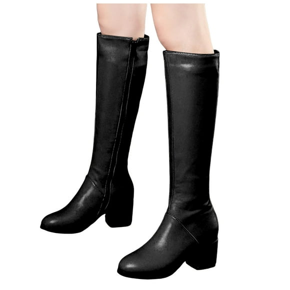 Pandaie Knee High Boots for Women Platform Chunky Heel Tall Boot Round Toe Side Zipper Fashion Long Riding Winter Booties Black 10.5
