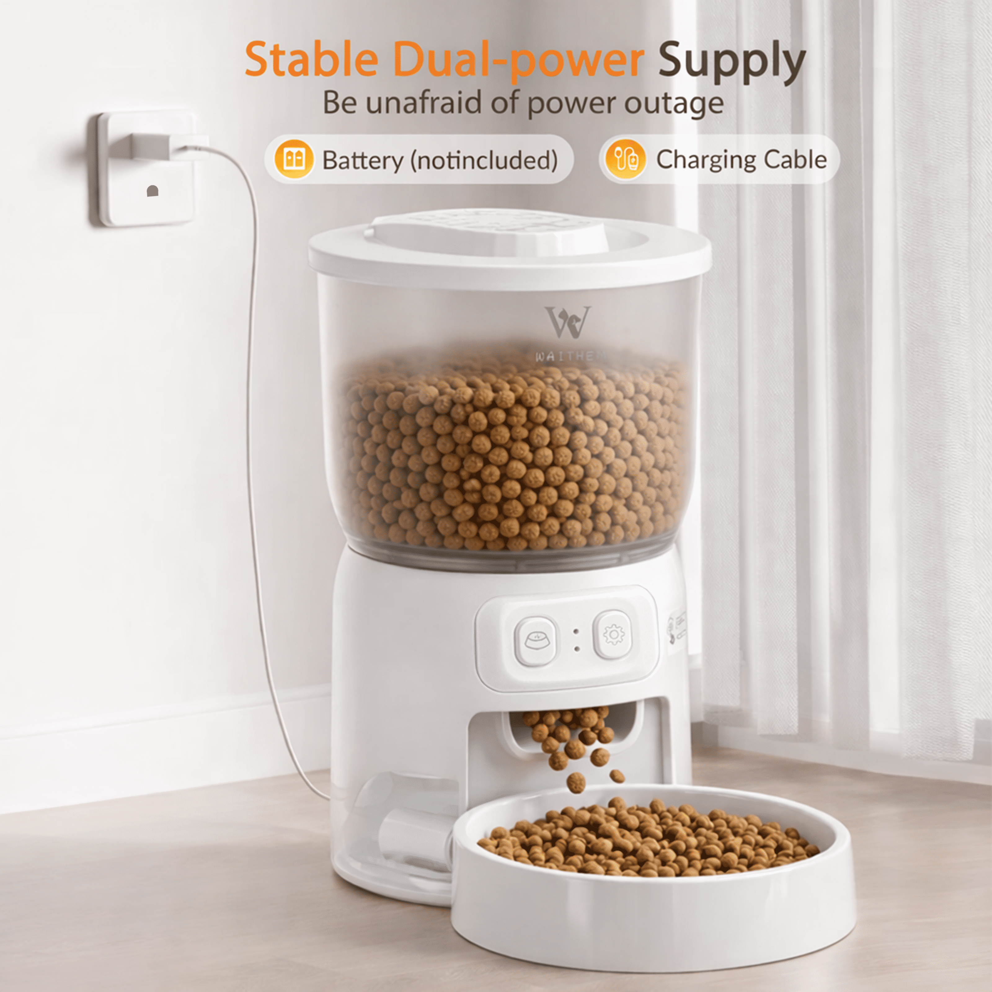 Waithem Wi-Fi Automatic Pet Feeder for Cats&Dogs, Timed Dry Food Dispenser with App Programmable Portion Control, Up to 10 Meals Per Day, Dual Power Supply, 5G/2.4G WLAN, 1 Desiccant Bag Included