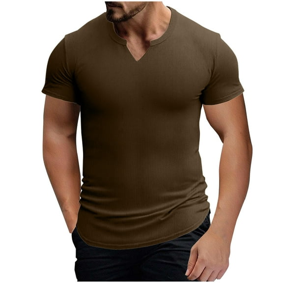 hoksml Men's Sports Elastic T-shirt Summer Trend Shirt Solid Color Slit Neck Casual Slim Short Sleeved V-neck Top/shirt Fitness Sports Running Tee Shirts