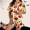 thumbnail image 2 of FASHOFT Women's Silk Satin Halloween Pajamas Set Funny Ghost Pumpkin Printing Short Sleeve Sleepwear Button Down Pjs Loungewear Orange M, 2 of 8