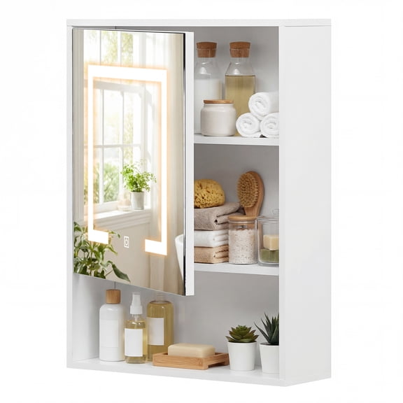 Costway 24" x 18" Medicine Cabinet with Mirror Lights Adjustable Shelf Lighted Wall Cabinet