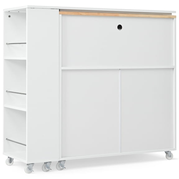 Rolling Kitchen Island With Extended Table, Kitchen island on Wheels with LED Lights,Power Outlets and 2 Fluted Glass Doors, Kitchen Island with a Storage Compartment and Side 3 Open Shelves,White