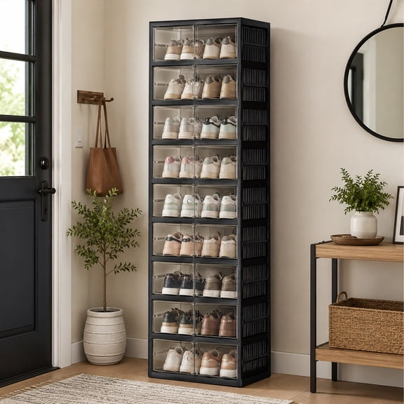 JUIKURY 9‑Tier Foldable Shoe Cabinet, Magnetic Dust‑Resistant Doors, Black