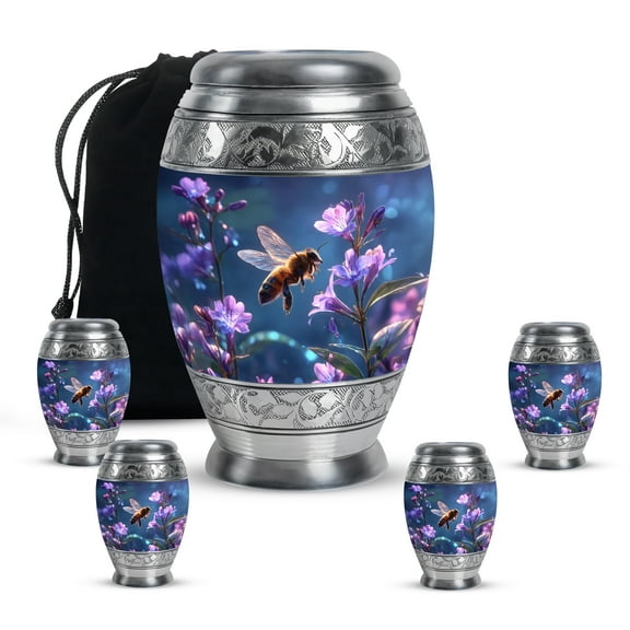MUKTIVE Bee Cremation Urn, Decorative Urns for Human Ashes Male & Female, Funeral Blue Ashes for Men & Women, Unique Combo Urns for Burial, Memorial Urn for Mother & Father (1 Large, 4 Small)