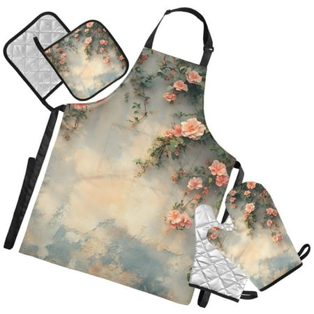Ryvnso Flowers on Wall Kitchen Apron Oven Mitts Set Pot Holders