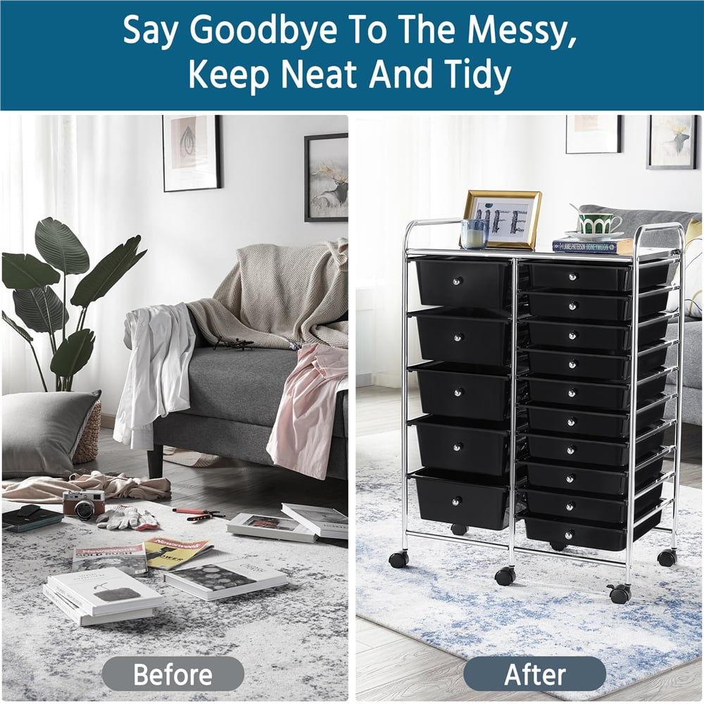 Alden Design 15 Drawers Metal Frame Storage Cart, with Lockable Wheels, Black