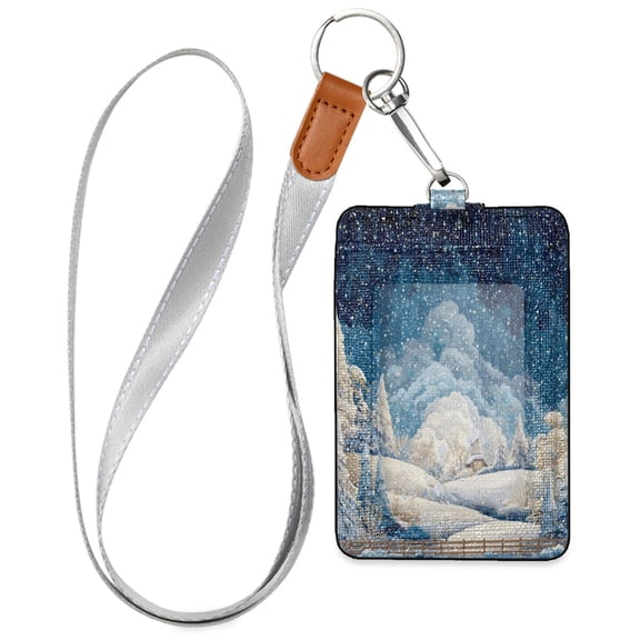 PU Leather ID Badge Holder Stylish Badge Holders with Lanyard (4.3x2.8x0.3in) for Cards & Credentials Winter Fairyland Scene