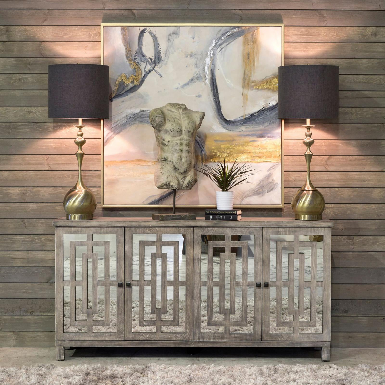 Abbott Sideboard - Gray Wash Finish On Hardwood With Plain Finish Beveled Mirror - 4 Door