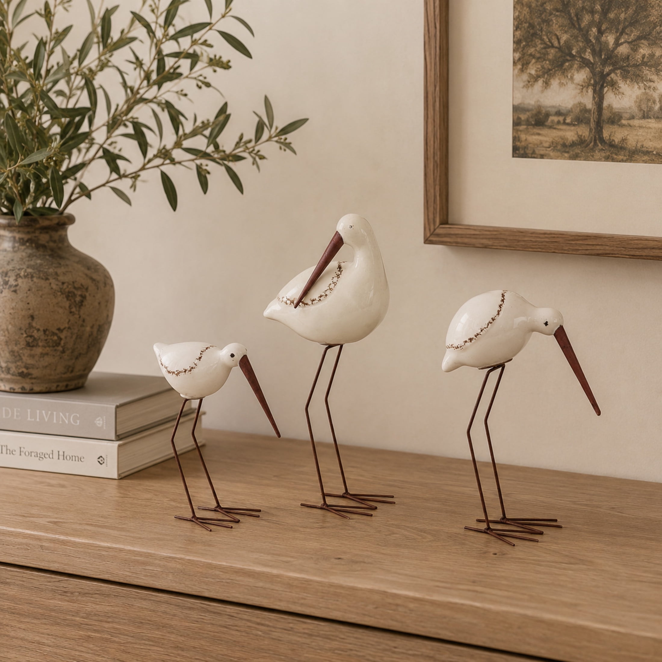 14", 10", 12"H White Ceramic Bird Sculpture, by DecMode (3 Count)
