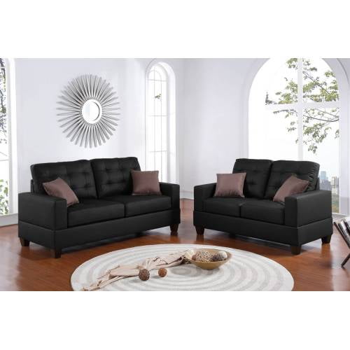 Living Room Furniture 2pc Sofa Set Black Faux Leather Tufted Sofa Loveseat w Pillows Cushion Couch  On-Site