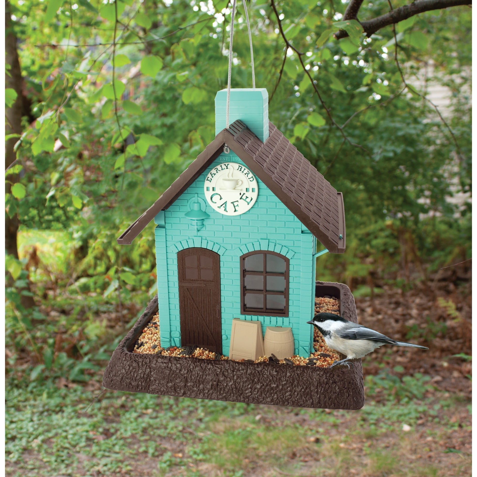 North States Village Collection Early Bird Cafe Bird Feeder, Teal and Brown, 5 lbs.