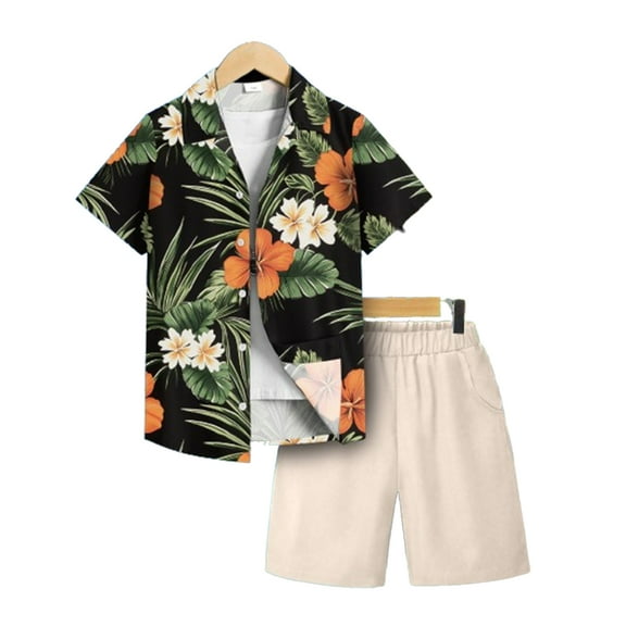 Kid Boys' Clothes Tropical Hawaiian Vacation Style Floral Print Shirt & Elastic Waist Pocket Shorts 2Pcs For Spring/Summer Outdoors