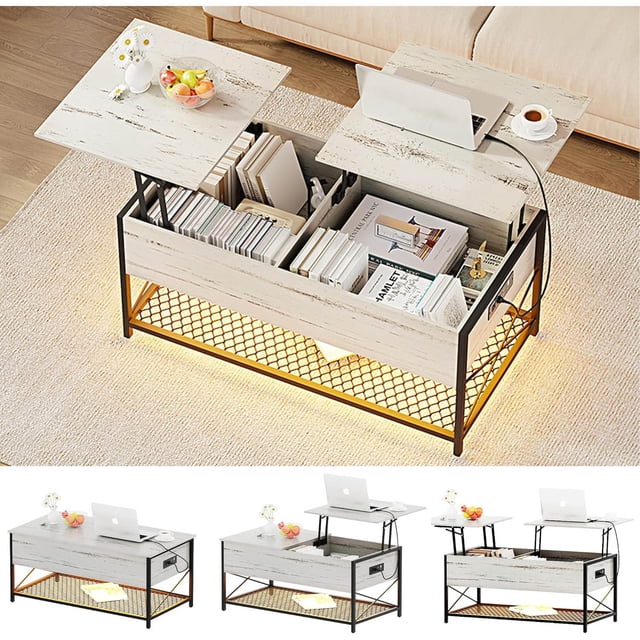 Mesa de Centro para Sala con Estante de Almacenamiento, Enchufe, Mesa Centro Elevable Compartimentos Ocultos y Parte Superior, Oficina, Blanco Rústico y Negro
