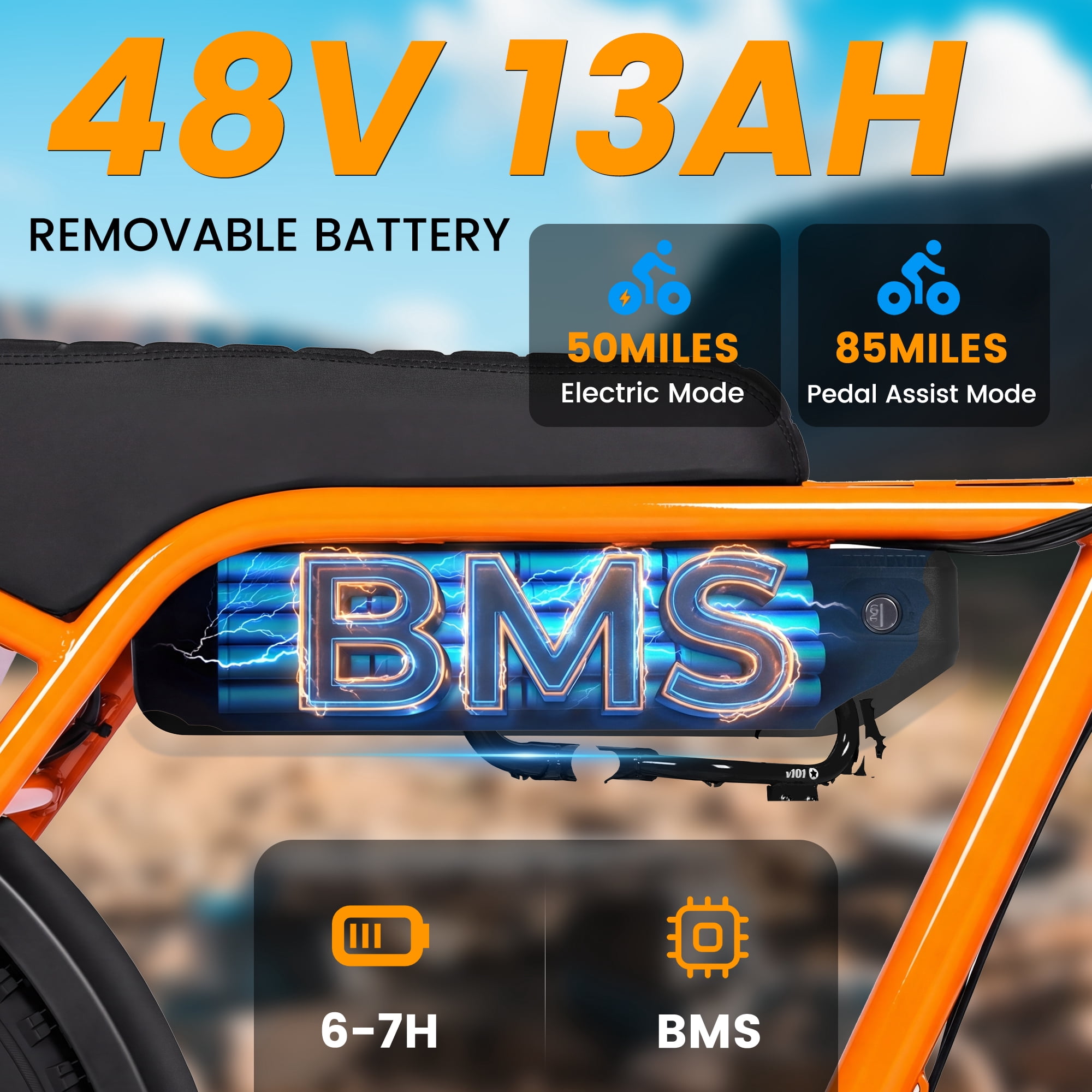 Adult & Teen Electric Bike – 750W Peak (1500W Max) Motor, 28 MPH, 48V 13Ah Battery, 16"x4.0" Fat Tires, 7-Speed, Front Suspension All-Terrain E-Bike, Orange with Phone Bag & Lock