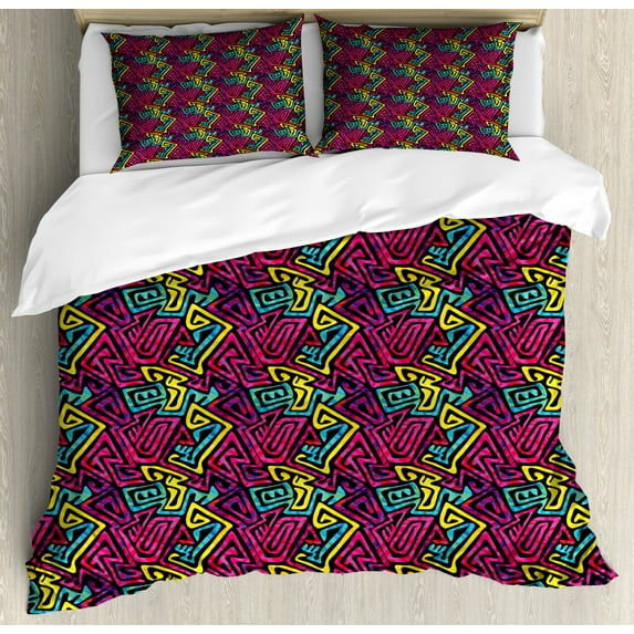 Funky Duvet Cover Set King Size, Random Maze Like Pattern Colorful Design Modern Pattern, Decorative 3 Piece Bedding Set with 2 Pillow Shams, Pale Avocado Green Hot Pink Turquoise, by Ambesonne