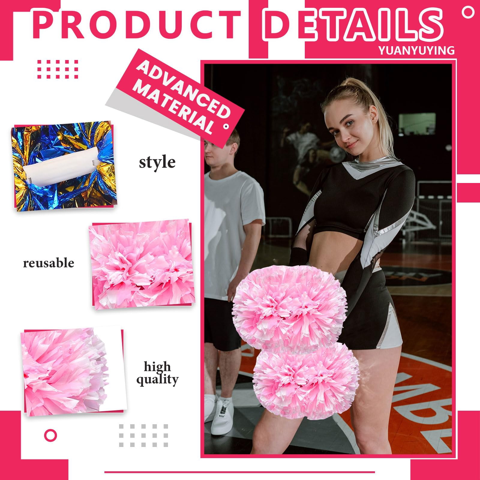 Cheer Pom Poms 14 Pcs with Handle, Cheerleading Handheld Squad Pompoms for Sports Team Cheer Spirit Games Dance Party Adults