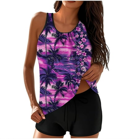 Summer Savings Clearance! Enjoytime Women s Swimwear Two Piece Floral Bathing Suit Swim Suit Ruched Tankini Tank Top wtih Boyshorts Tummy Control Swimsuits for Women