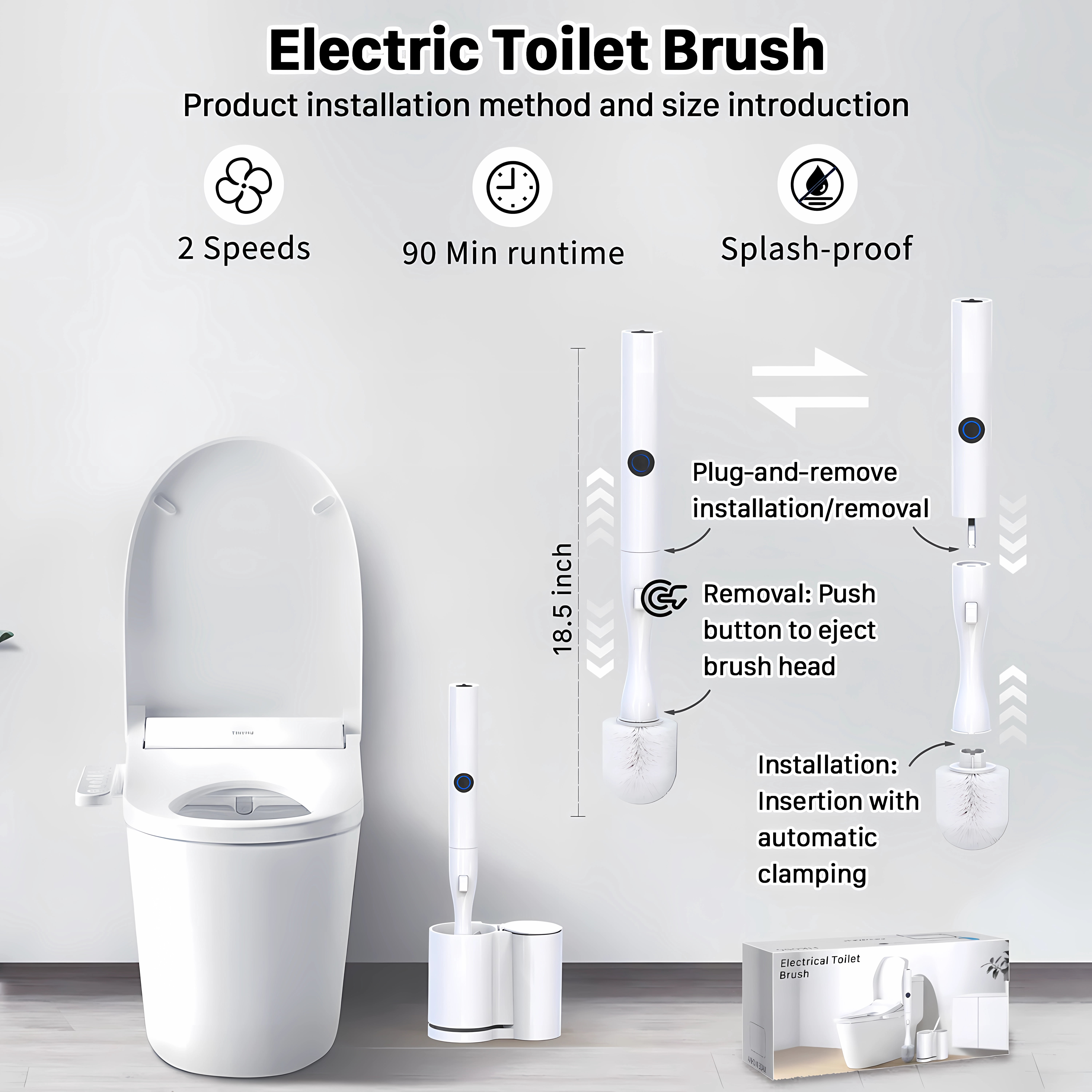 Hillyfe Electric Toilet Brush and Holder, Cordless Rechargeable Cleaning Scrubber with Nylon Head, 15 Disposable Refill Heads, Wall-Mount Hook