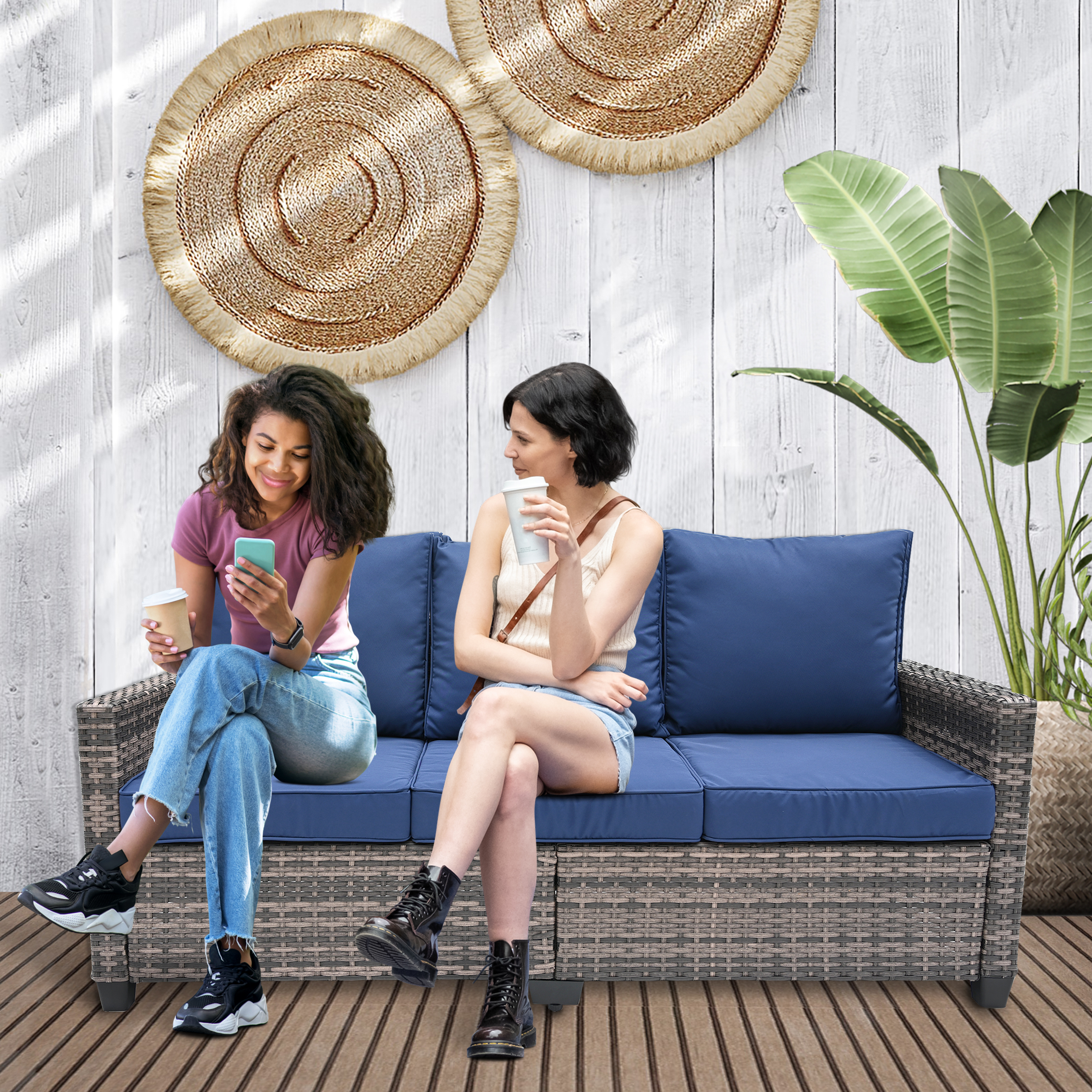 3-Seat All-Weather Outdoor Rattan Sofa with High Back, Premium Brown Wicker and Navy Blue Cushions for Garden