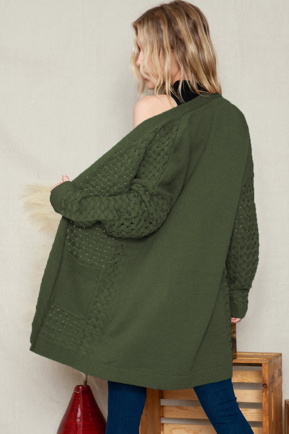 Plus Size Cardigans for Womens Oversized Loose Fit Sweaters with Pockets Long Sleeve Knitted Fall Winter Outwear Coat Green 2XL - image 2