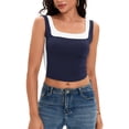 thumbnail image 2 of ATHLECHIC Camiseta sin mangas de cuello cuadrado para mujer, top corto de verano con bloques de color, M Azul oscuro, 2 of 5