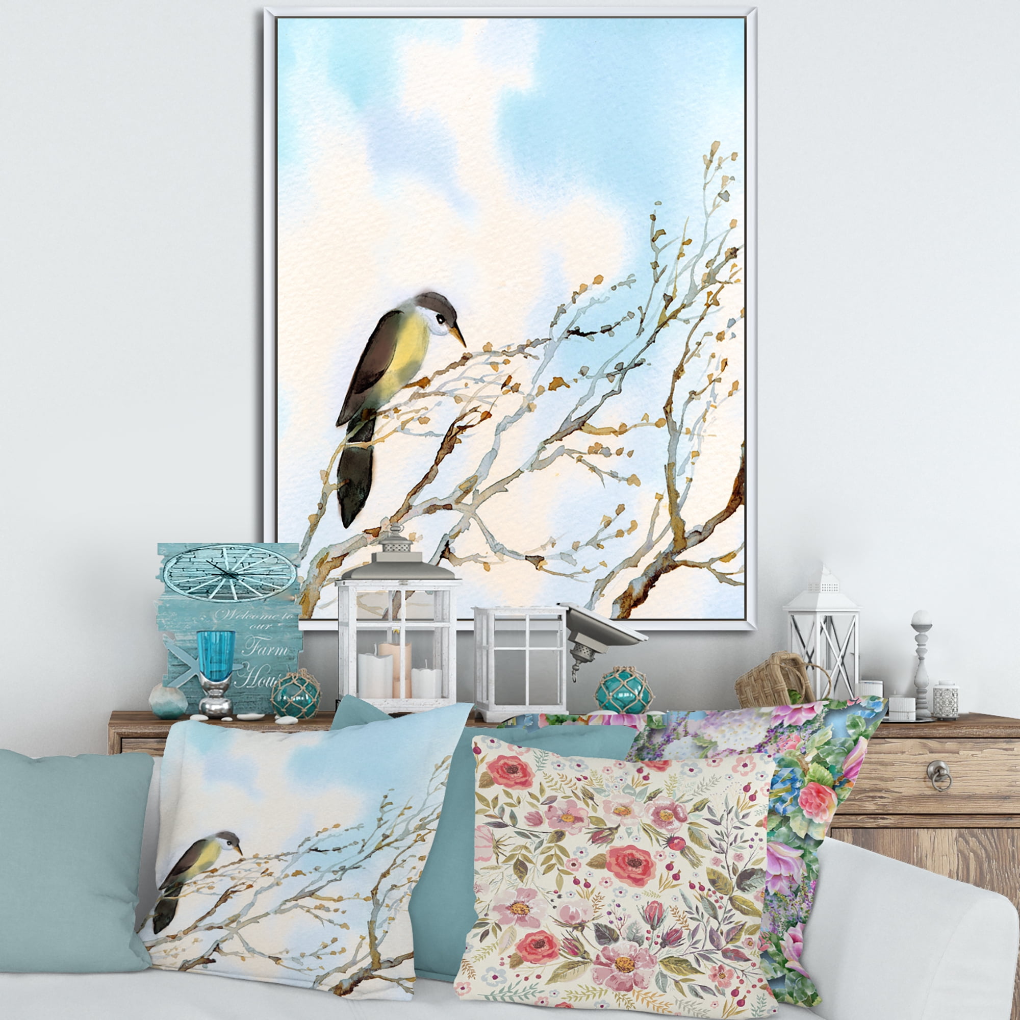 Designart 'Bird Sitting On Old Bare Tree With Blue Cloudy Sky' Traditional Framed Canvas Wall Art Print