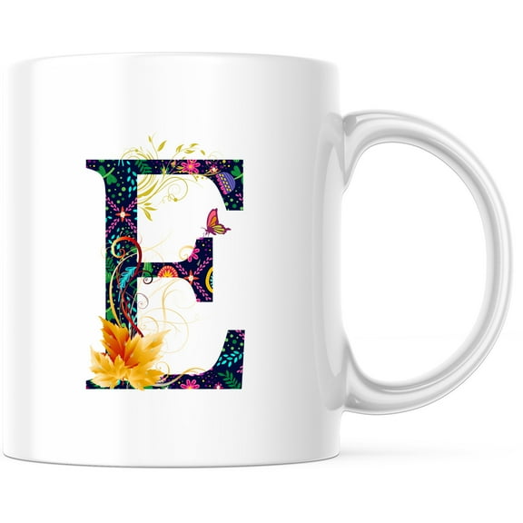Floral Initial E Mug - Butterfly & Flower Coffee Cup - Alphabet Personalized Tea Cup - Unique Letter E Gift Idea - 11 Ounce Novelty Coffee Cup - WMUG0060