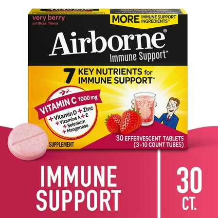 Airborne 1000mg Vitamin C Immune Support Multivitamin Effervescent Tablets, Very Berry Flavor, 30 ct