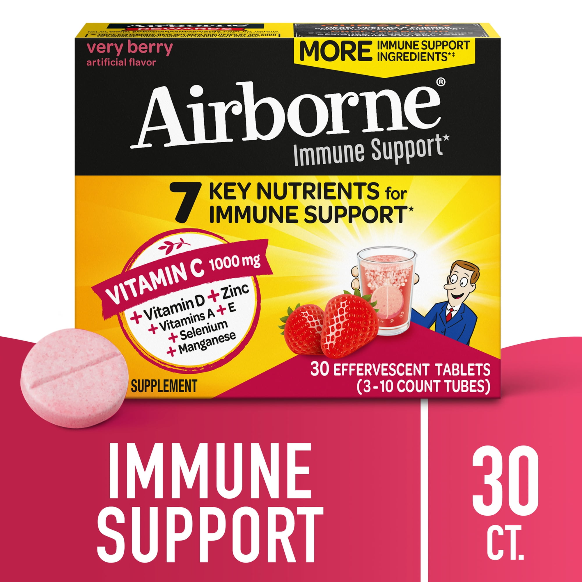 Airborne 1000mg Vitamin C Immune Support Multivitamin Effervescent Tablets, Very Berry Flavor, 30 ct