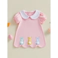 thumbnail image 5 of Infant Toddler Baby Girl Easter Dress Puff Short Sleeve Doll Collar Rabbit Embroidery Plush Ball Decor A Line Dress Summer Clothes 6M-4T, 5 of 10