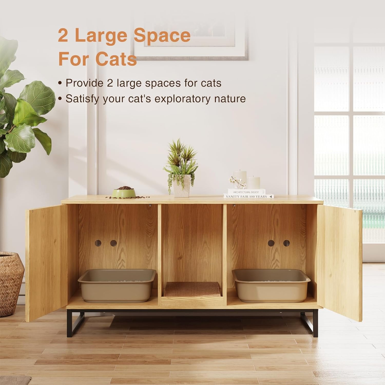 Veanerwood Cat Litter Box Enclosure for 2 Cats, 47.6’’ Litter Box Furniture Hidden with Cat Scratch Pad, Double Room Large Cat Cabinet, Indoor Cat House TV Stand Side Table,Cat Washroom