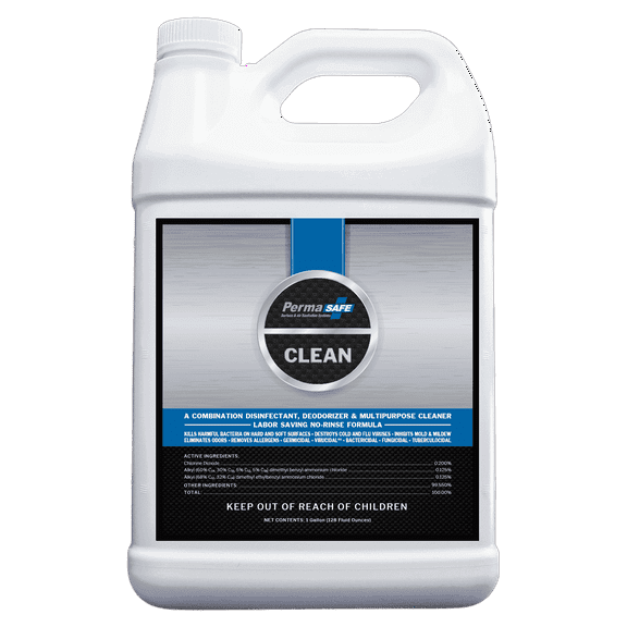 PermaSafe CLEAN, All-Purpose Disinfectant Cleaner; No- Rinse, Hard, Soft & Food Contact Surface Sanitizer; Mold, Mildew and Fungi Killer; Odor Eliminator; Allergen Remover & More (1 Gallon)
