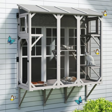Gowoodhut Cat Window Box Wooden Window Catio for Indoor Cats Expandable Outdoor Enclosure