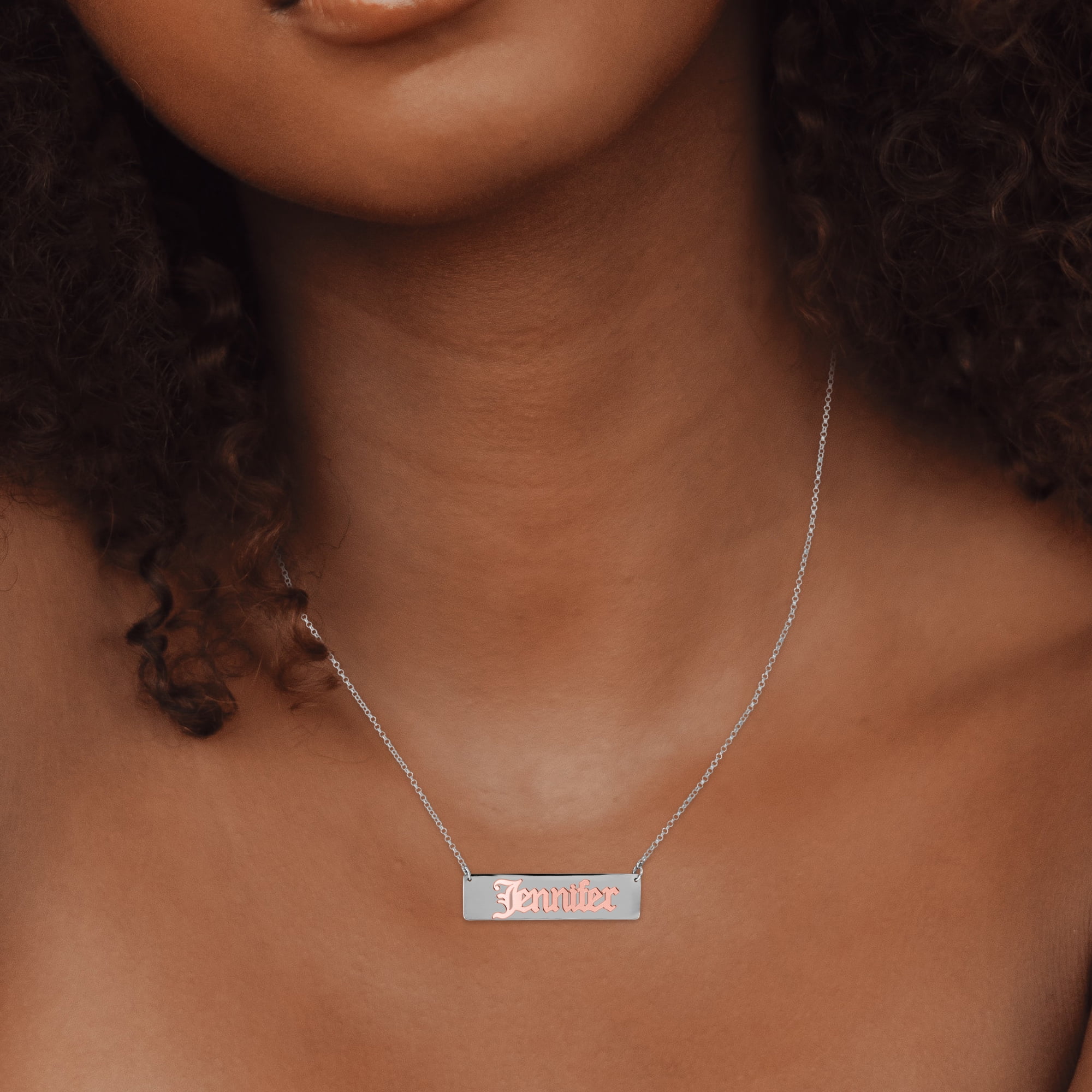 14Kt Solid Rose Gold & Sterling Silver Personalized Old English Name Necklace with Sterling Silver Rollo Chain