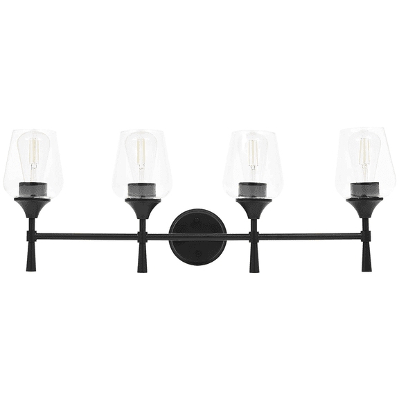 Sunset Lighting Black Vanity Light for Bathroom | Wall Mount Fixture for Over Mirror and Above Sink with Clear Glass Shades 4-Light F27014-31