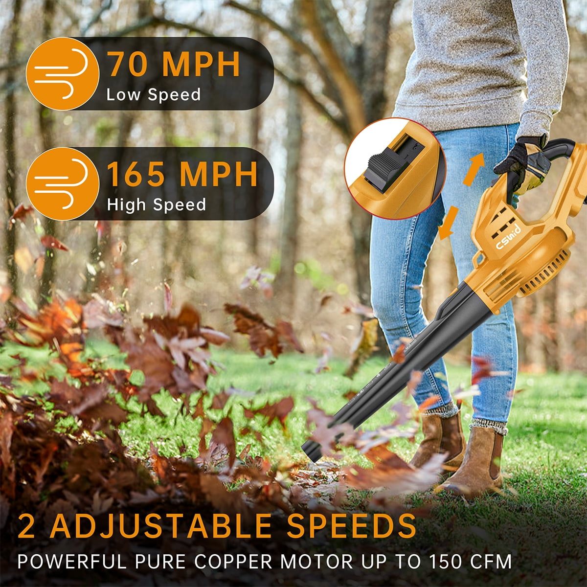 Leaf Blower, 3 Speed Adjustment Electric Cordless Leaf Blower with 2 x 4.0Ah Batteries, Charger, Shoulder Strap, 580CFM/160MPH, Ideal for Patio Cleaning, Lawn Care, Blowing Leaves and Dust, Yellow