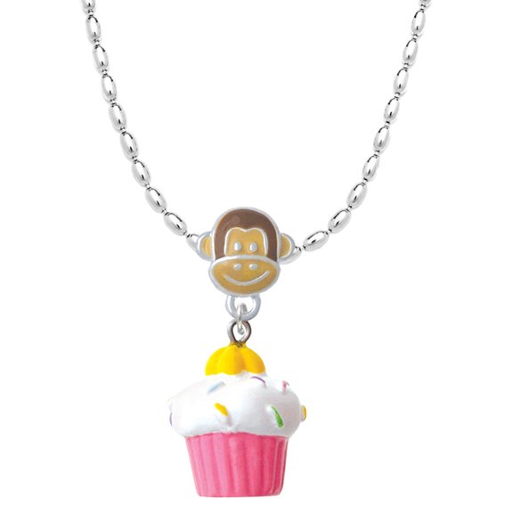 Delight Jewelry Resin Pink Cupcake with White Frosting Mia Monkey Charm Necklace
