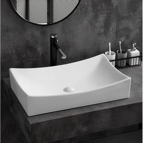WinZo Rectangle Bathroom Vessel Sink Above Counter Square Bowl Countertop 25"x15" Inches Modern Contemporary Porcelain Big Large Ceramic Wash Lavatory Basin Rectangular Sinks White,25"