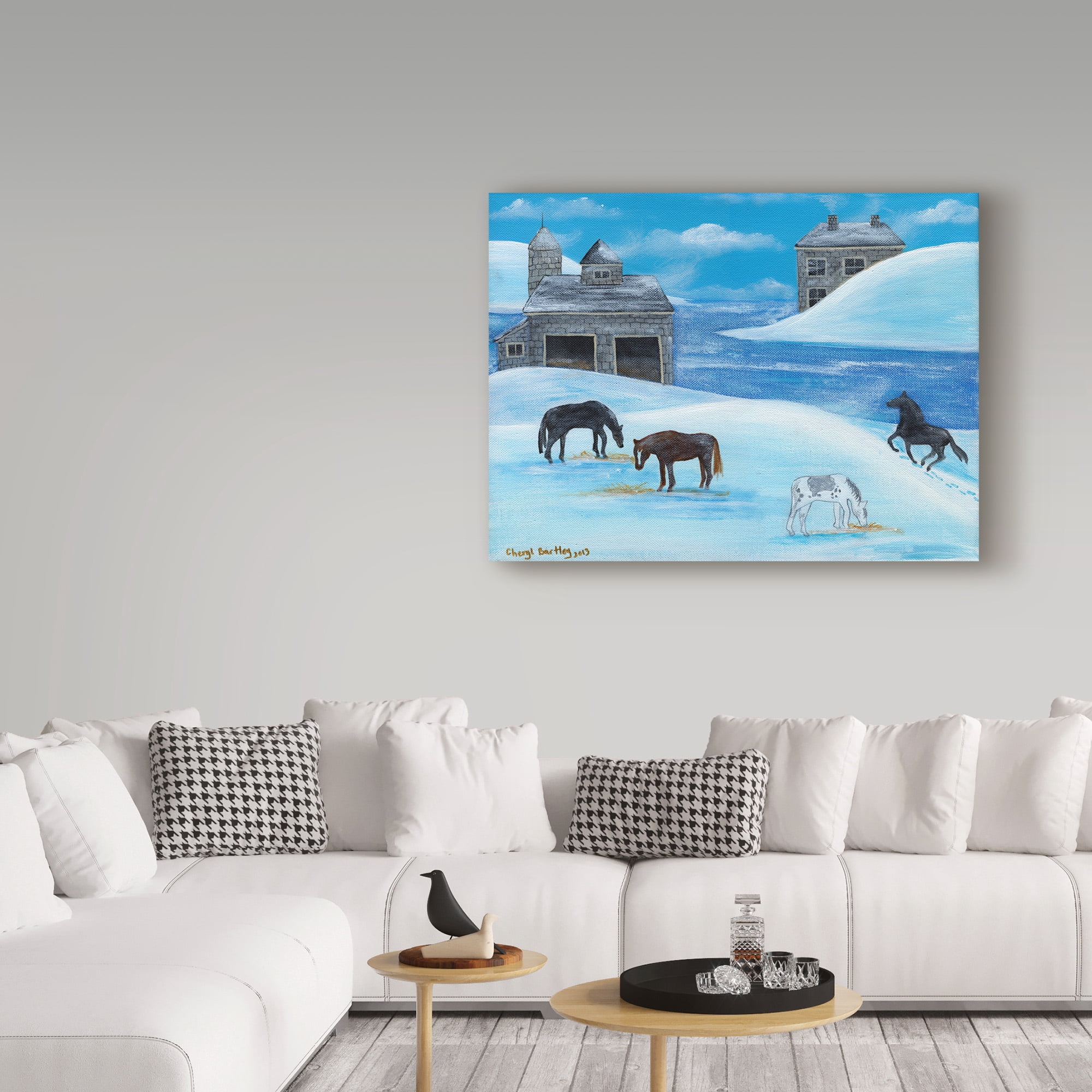 Trademark Fine Art 'Horses In Snow By River Folk Art' Canvas Art by Cheryl Bartley
