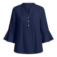thumbnail image 4 of Ecqkame Womens Linen Tops Dressy Business Casual Ruffle 3/4 Sleeve Summer V-Neck Solid Color Blouses with Buttons Navy M, 4 of 7