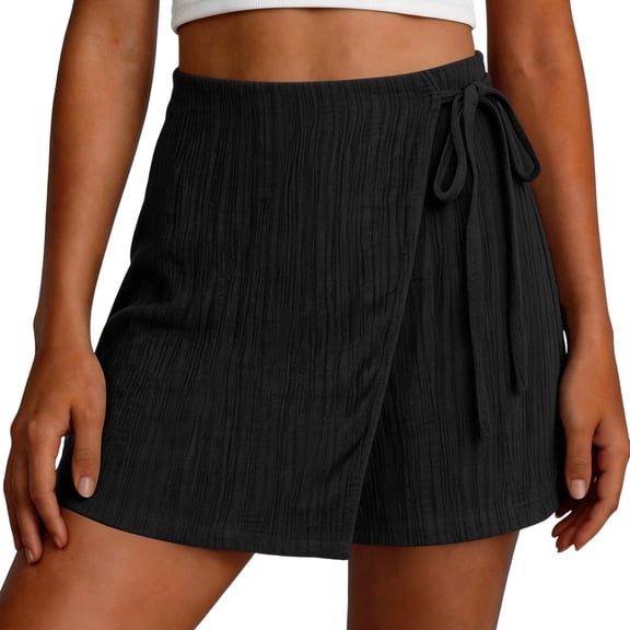 Qgtaibl Womens High Waisted Wrap Skort Fashion Tie Waist Textured Mini Skirt with Built-in Shorts Casual Summer Boho Skirt for Beach Vacation Black XXL
