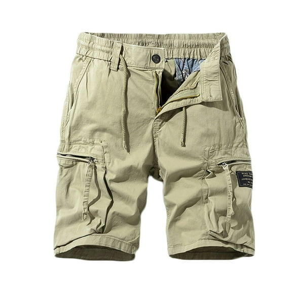 VSSSJ Men's Cargo Shorts Regular Fit Solid Color Casual Elastic Waist Button Zipper Tooling Shorts with Multi-Pockets Summer Outdoor Walking Overalls Khaki L