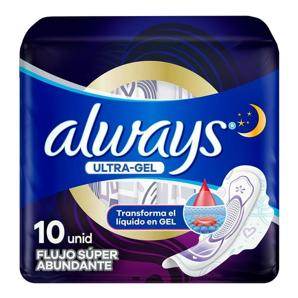 Toallas femeninas Always Ultra-Gel ultra-gel flujo súper abundante con alas 10 pzas