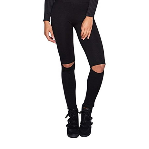 2Chique Boutique Women's Black High Waisted Leggings with Knee Cut Out  Detail (small) 