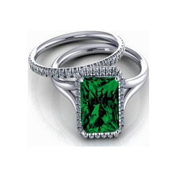 2.00 carat Emerald Cut Emerald and Diamond Halo Bridal Set in 10k White Gold