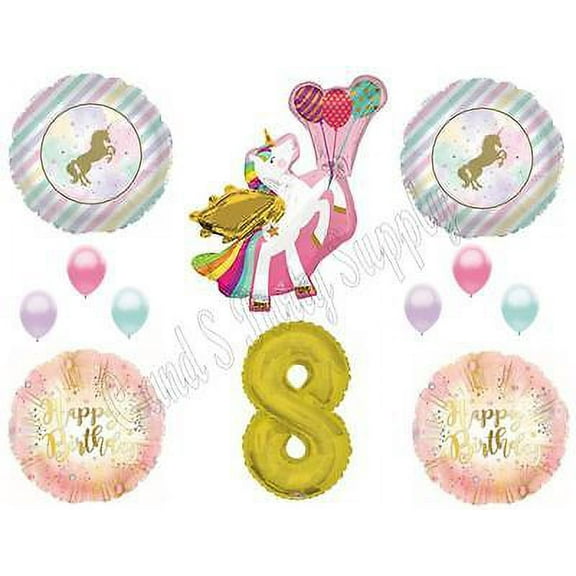 WINGED UNICORN 8th Happy Birthday Party Balloons Decoration Pastel Gold Eighth